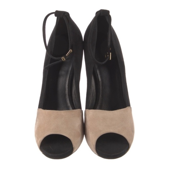 Celine Suede Black Tan Color Block Mary Jane Peep Toe Wedge Pumps Size 39.5 - Picture 3 of 6